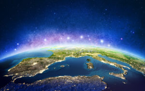 Europe from space galaxy stars. 3D rendering